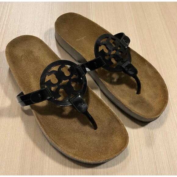 Tory Burch Miller Cloud thong Sandals perfect black /Caramel leather , 7.5 - Picture 1 of 5